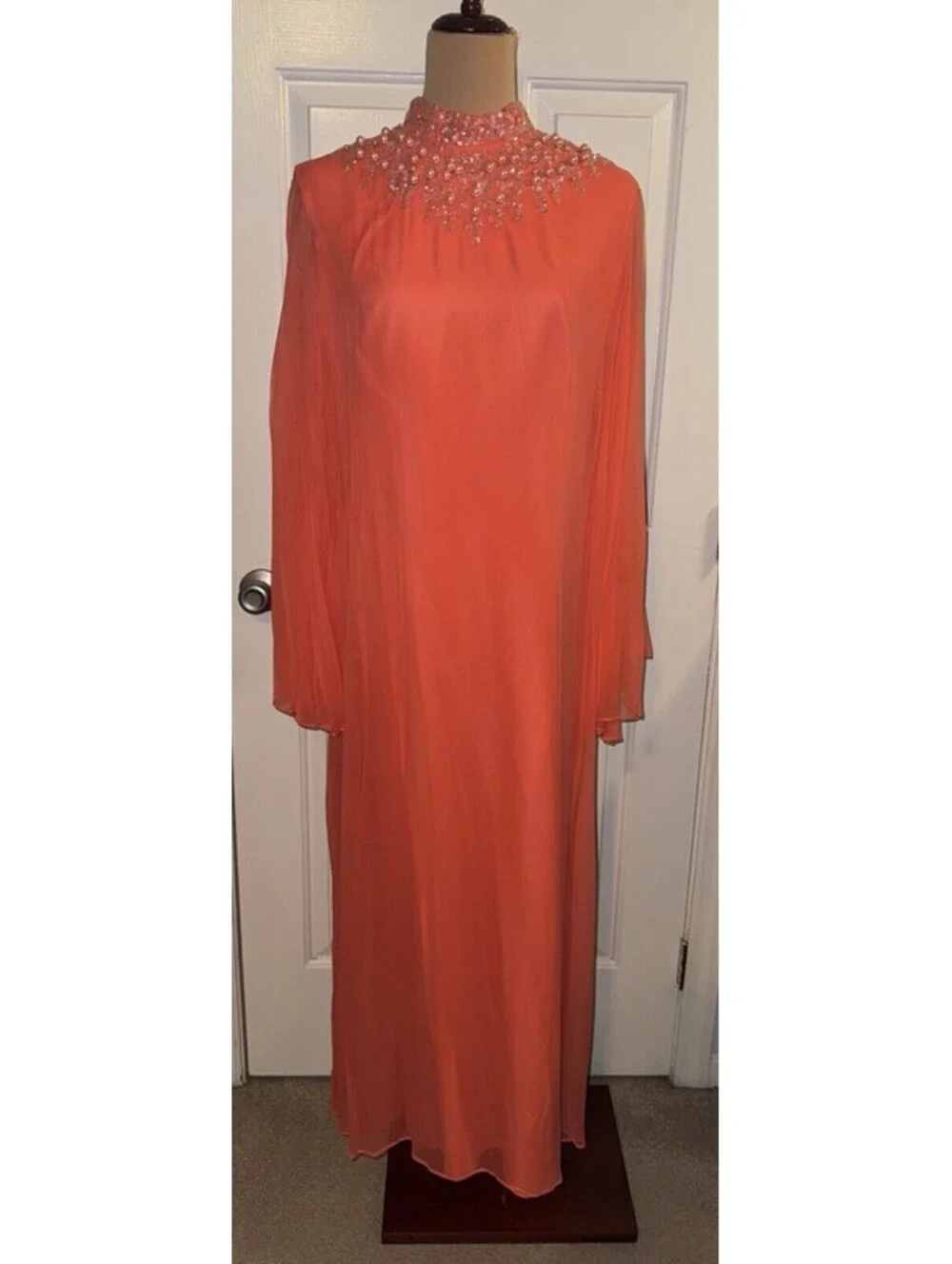 Vintage 1970's Dress Unbranded Coral Embellished High Neck  Chiffon Bell Sleeves